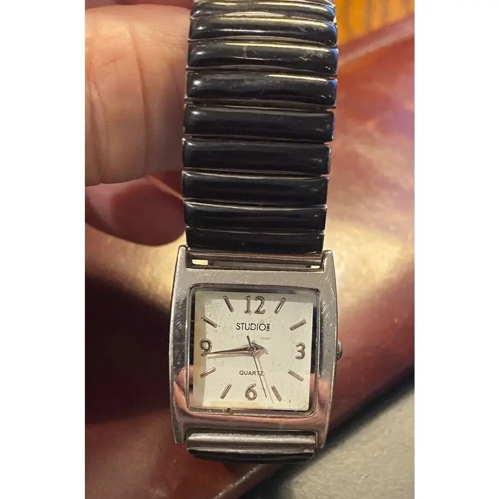 Women's 25mm Studio Time Watch, Silver Tone with Black Expansion Band